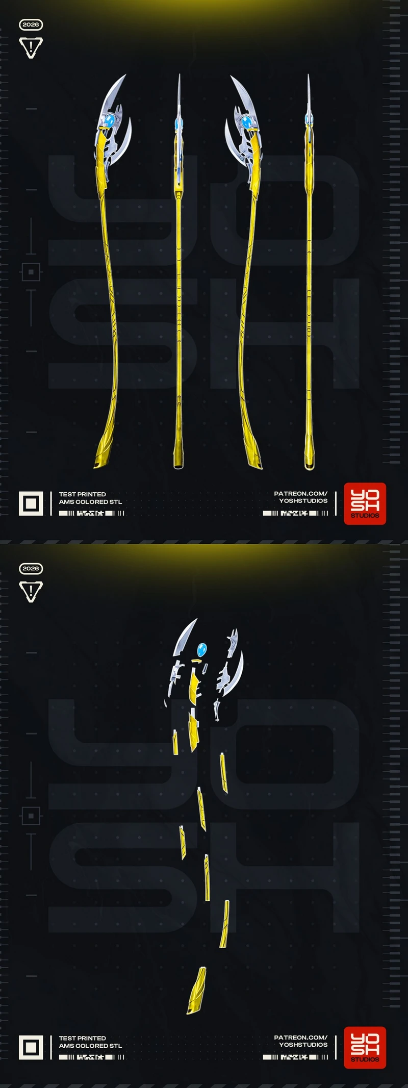Marvel Loki scepter 3D model with gold staff and silver crescent head