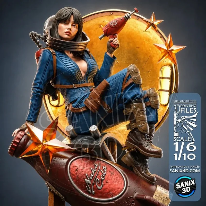 Seated Lucy character figure in a blue space outfit holding a red ray gun