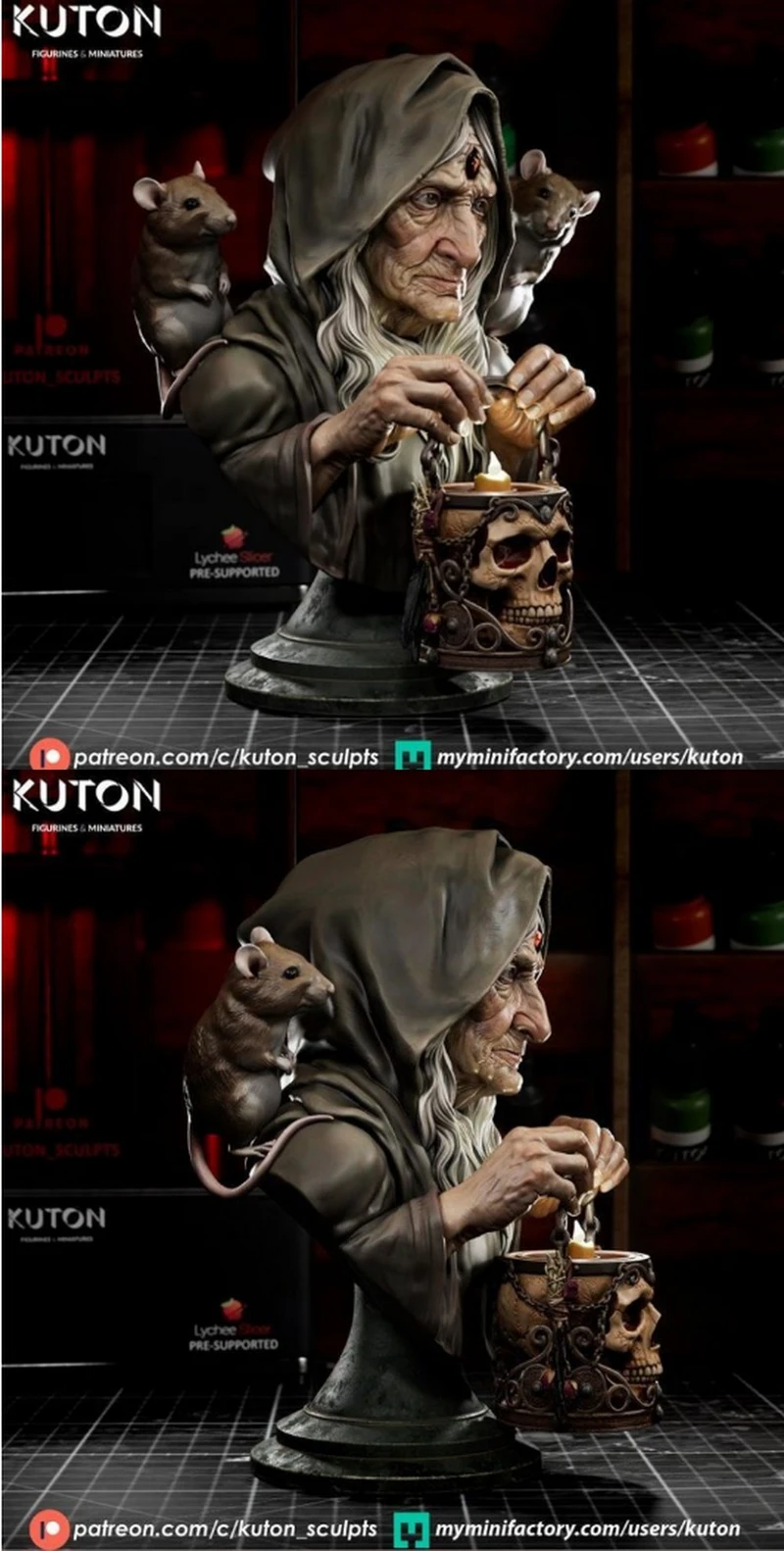 Maria bust of a hooded elderly woman with two rats and a skull-decorated vessel