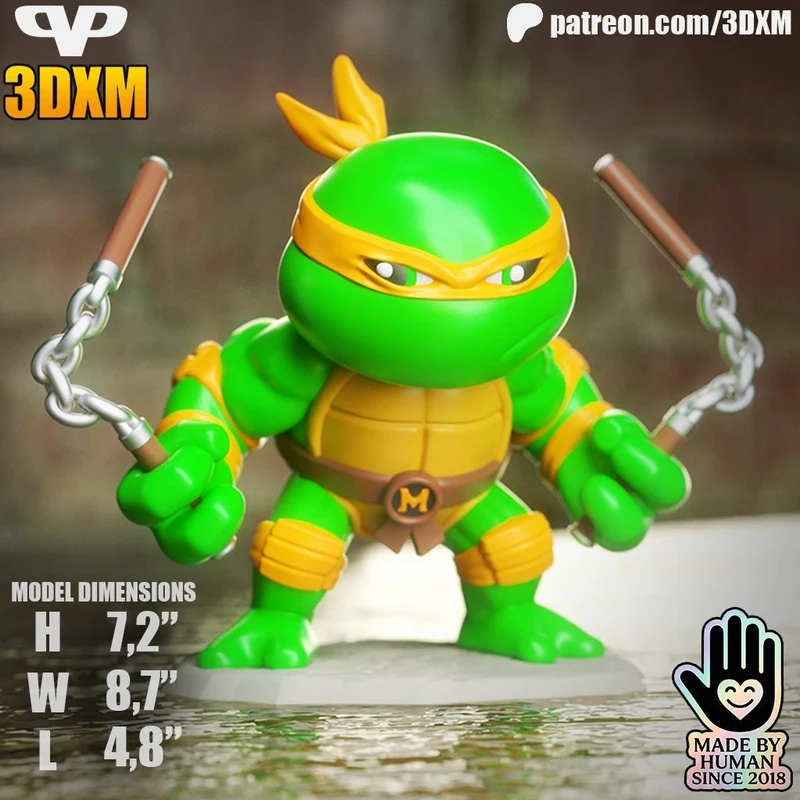Chibi Michelangelo figure with orange mask and nunchaku