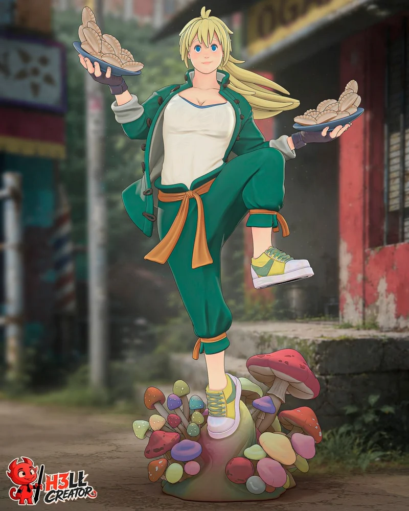 Nikaido from Dorohedoro holding gyoza trays above a colorful mushroom base