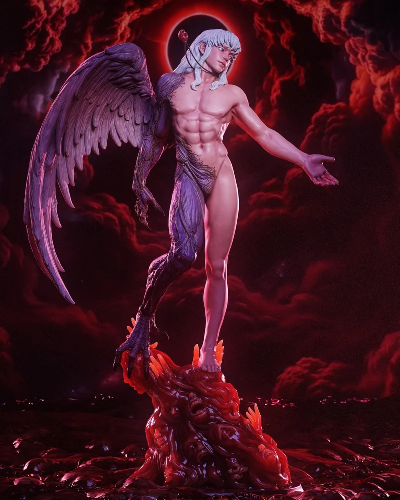 Winged white-haired Griffith figure from Berserk standing on a sculpted organic base