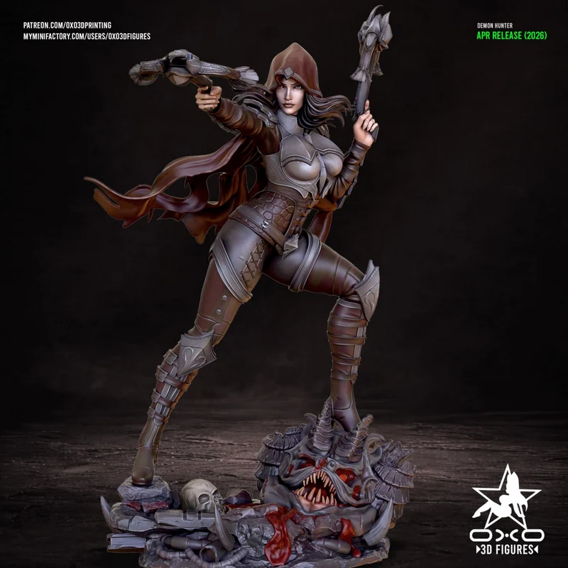 Armored hooded Demon Hunter character holding weapons on a creature-themed base