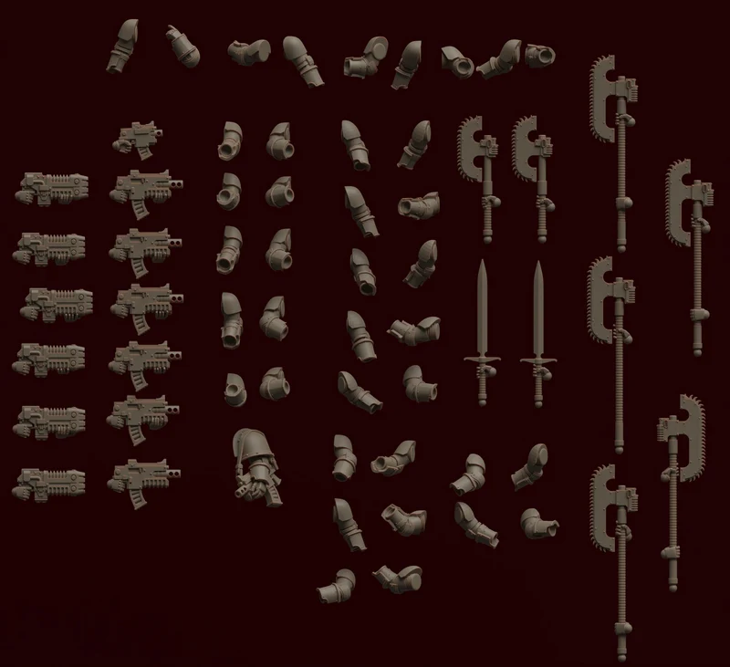 PA-3 Weapons 3D model with sci-fi guns, swords, saw-edged weapons, and armor parts