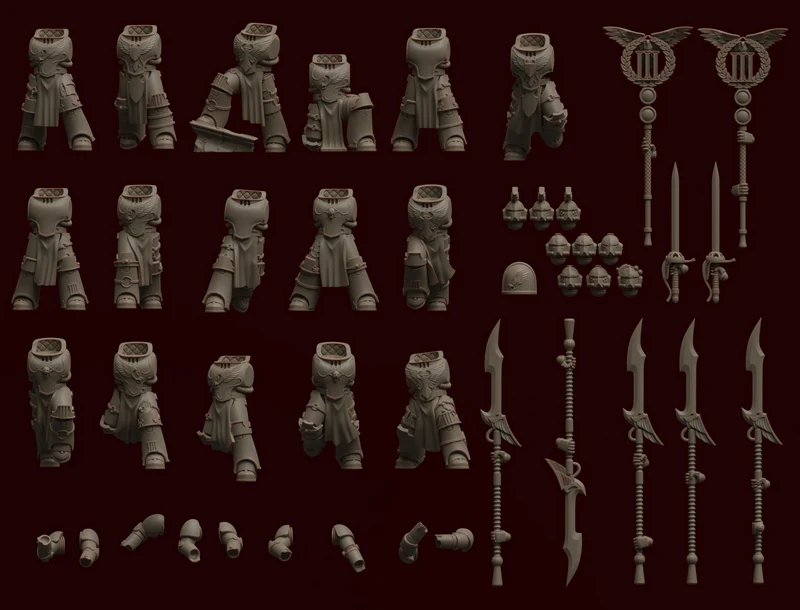 Multipart armored fantasy warrior miniatures with swords, polearms, and winged emblems