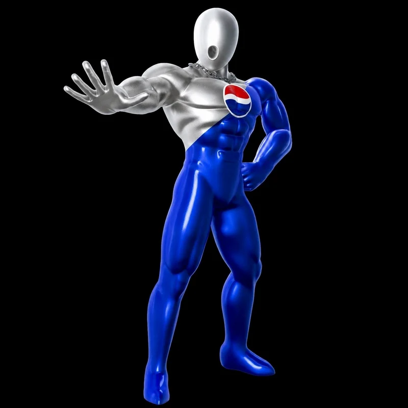 Pepsiman figure in a silver and blue suit with an open hand and circular chest emblem
