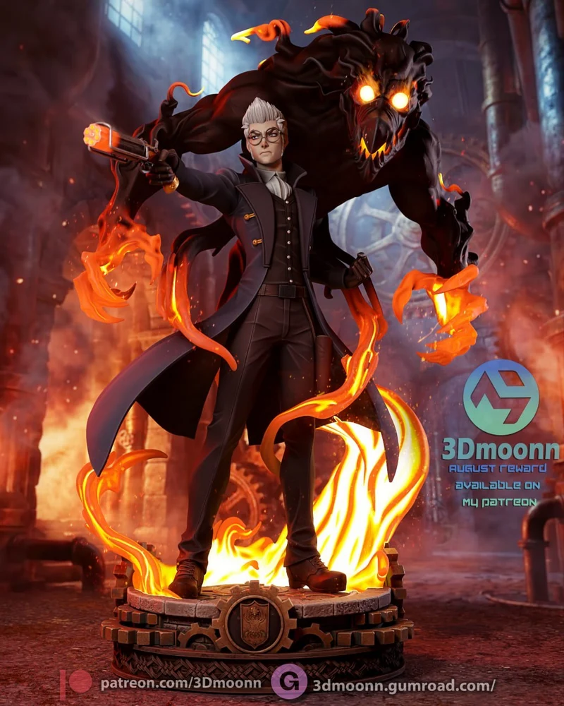 Percy character statue with glasses, firearm, fiery effects, and a demon-like figure