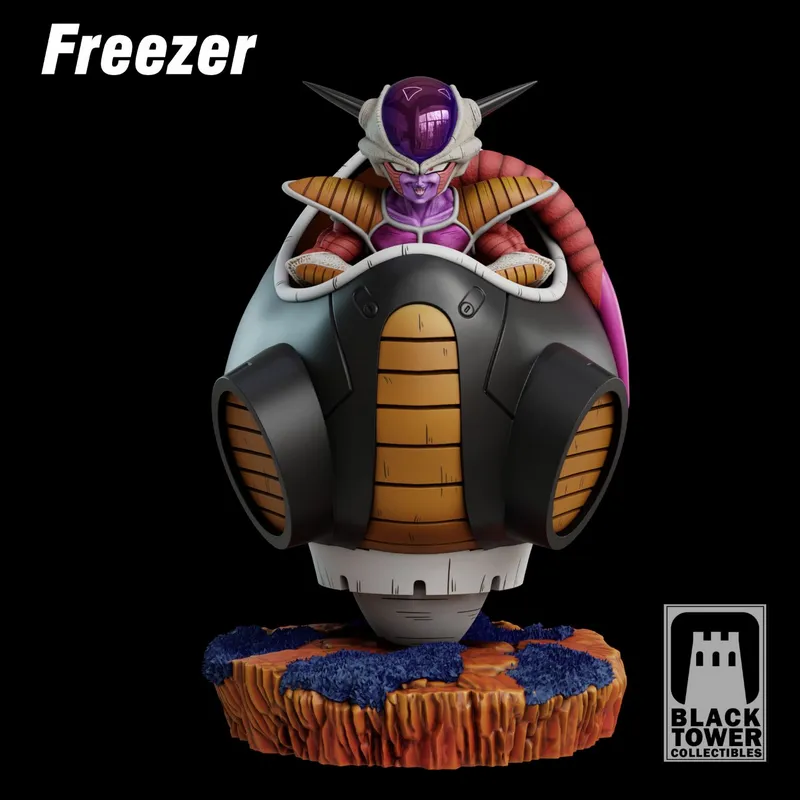 Frieza emerging from a Dragon Ball battle pod on a rocky display base