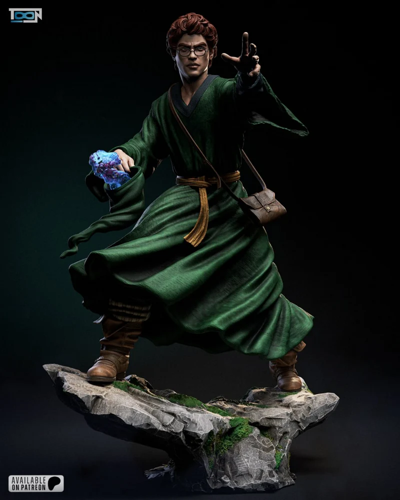 Robed wizard figure with glasses and raised hand on a rocky base