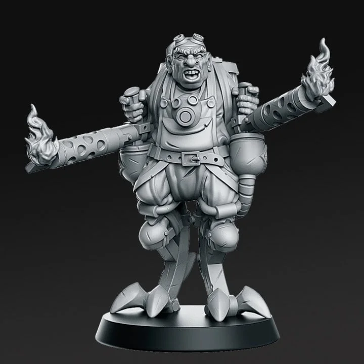 Armored Pyro Dwarf miniature with flame-ended arm cannons on a round base