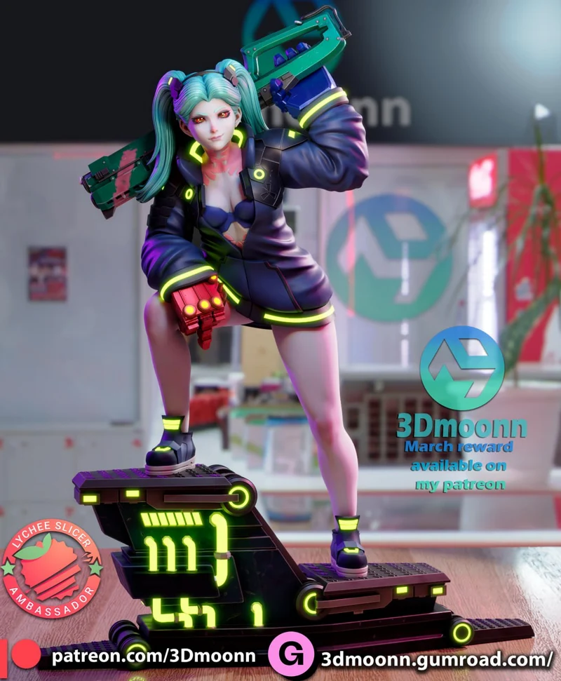 Stylized Rebecca character figure with twin ponytails, neon clothing, weapons, and a display base