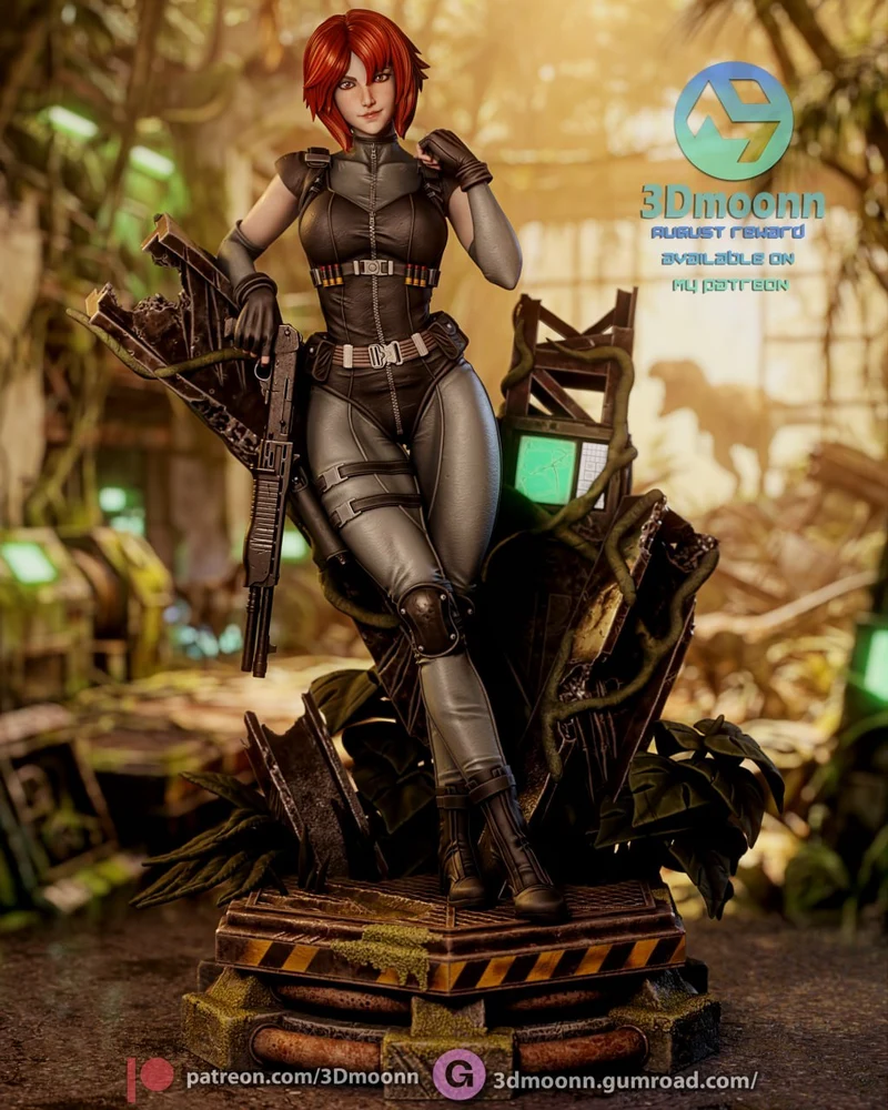Red-haired female character statue in tactical gear on a sci-fi display base