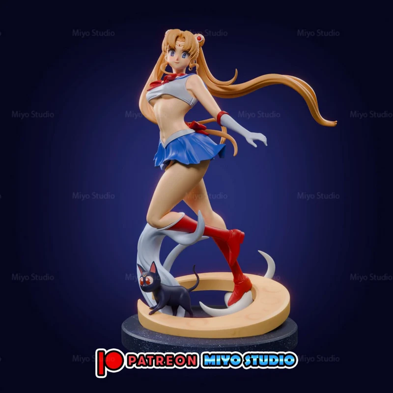Sailor Moon figure in sailor uniform with long twin-tail hair, red boots, black cat, and circular base