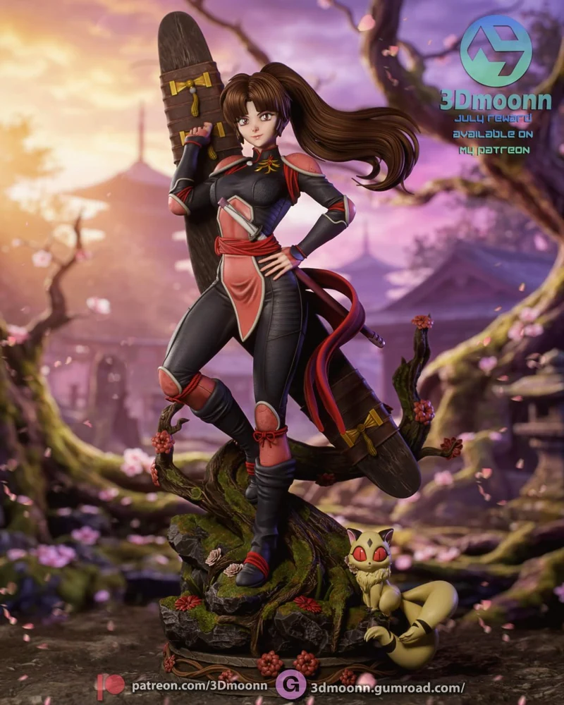 Sango from Inuyasha with an oversized weapon and Kirara companion in a fantasy scene