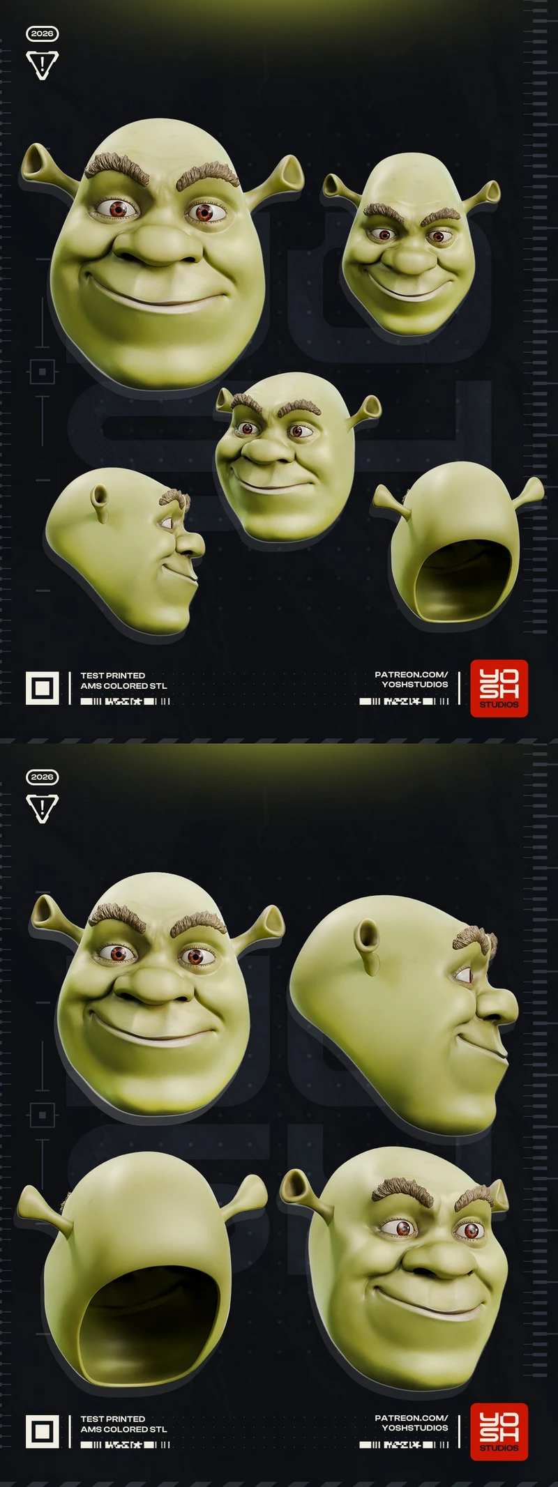 Green Shrek character helmet shown from front, side, and rear angles