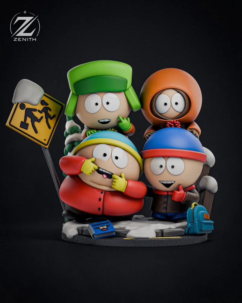 Stylized South Park character group diorama with four figures on a rocky base