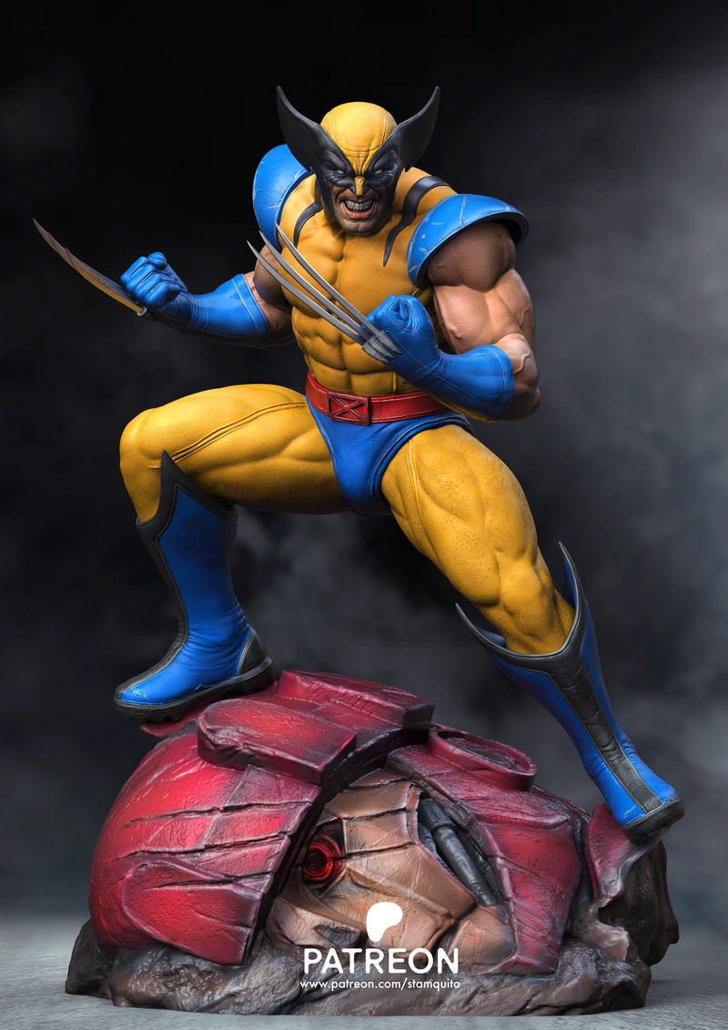 Marvel Wolverine statue in a yellow and blue suit with claws extended