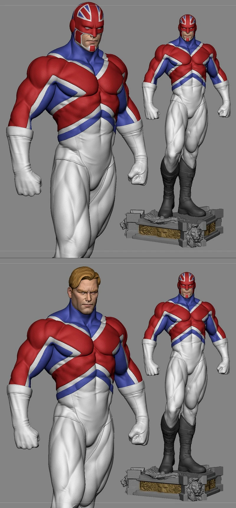 Captain Britain statue in a red, blue, and white Union Jack costume