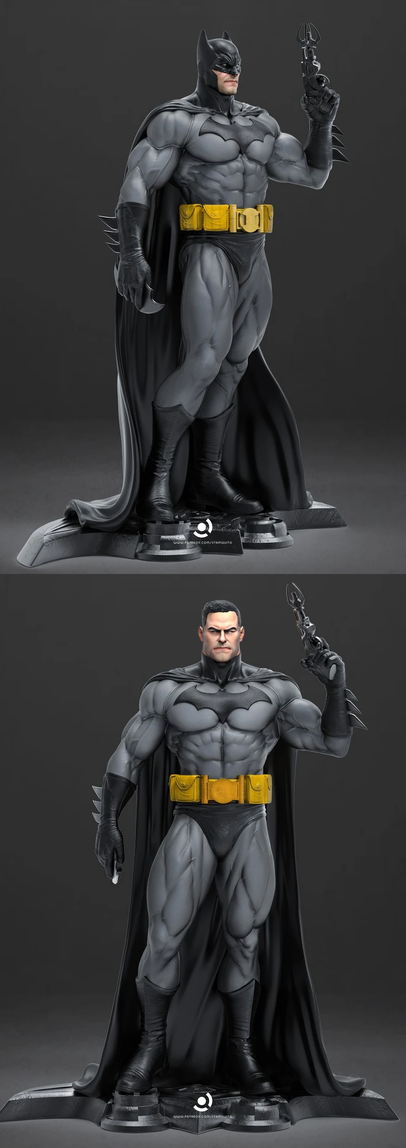 Batman DC Comics statue with cape, bat emblem, yellow utility belt, and display base