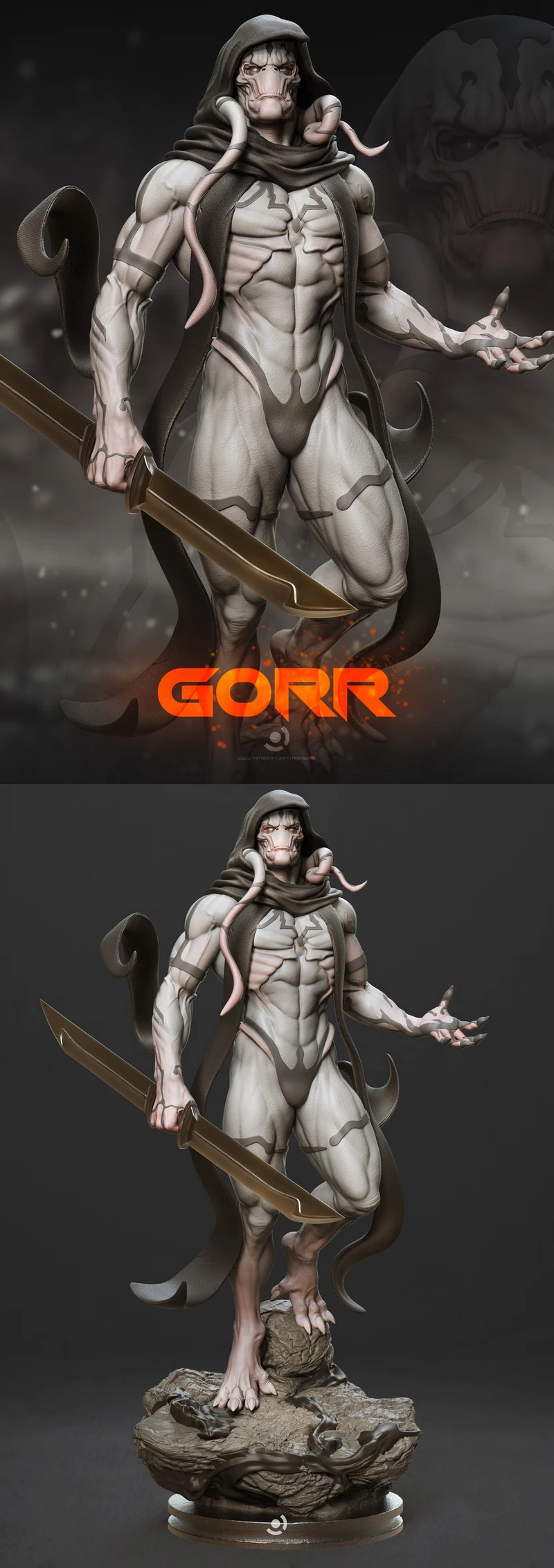 Gorr Marvel God Butcher statue with sword, hood, tendrils and rocky base