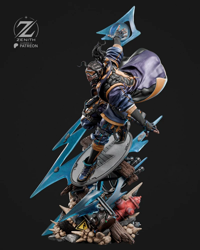 Static Shock-inspired masked superhero statue with blue electric effects on a display base