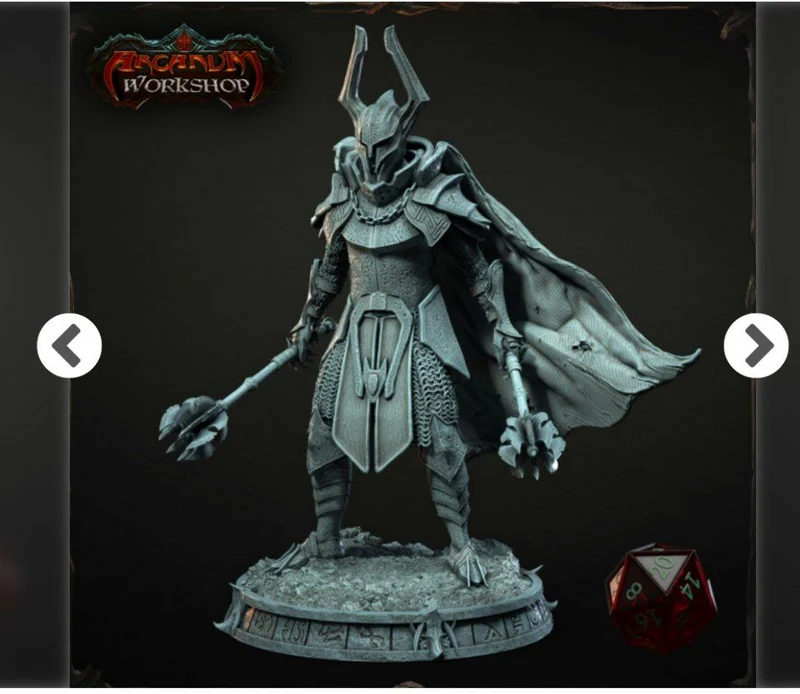 Horned armored fantasy lord with polearm, cape, and display base