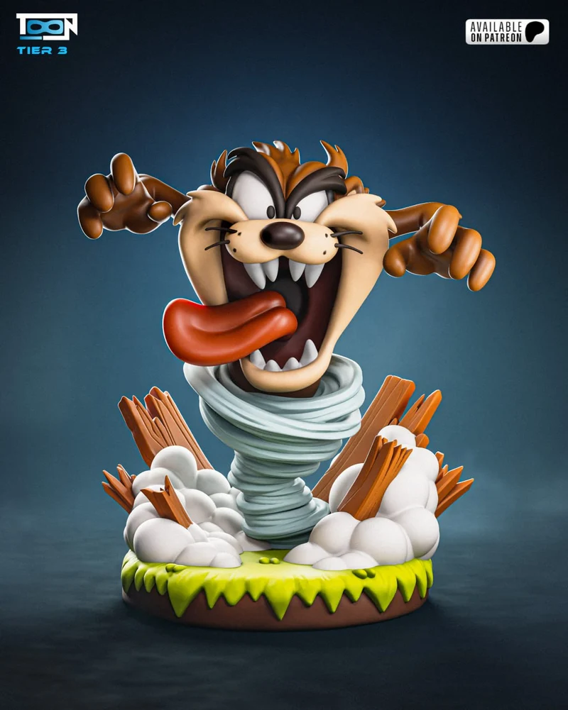 Taz from Looney Tunes emerging from a cartoon tornado on a round display base