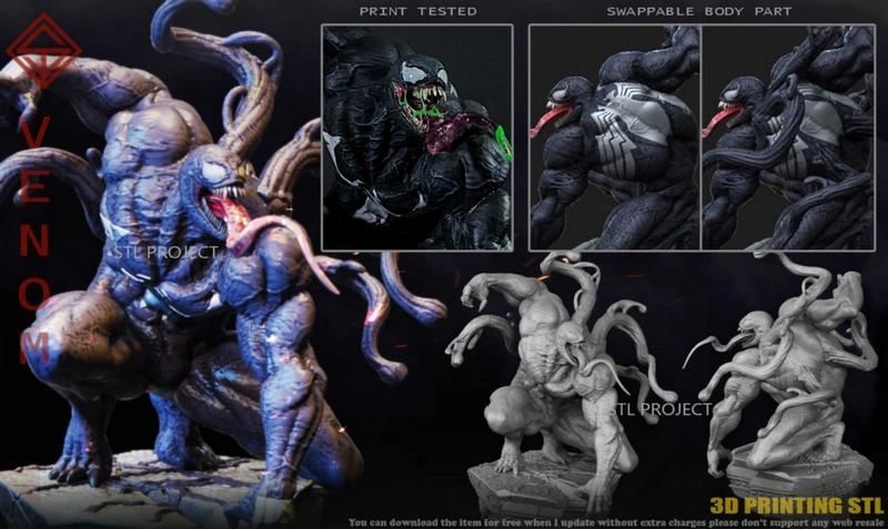 Venom symbiote statue with tendrils, claws, sharp teeth, and an extended tongue