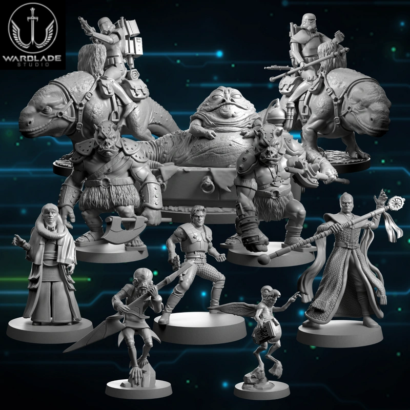 Warblade tabletop miniatures with alien mounts, armored warriors, creatures, and robed characters