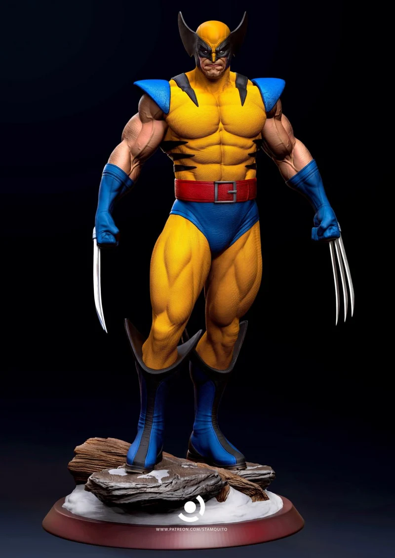 Wolverine statue in a yellow-and-blue costume with claws on a rocky base