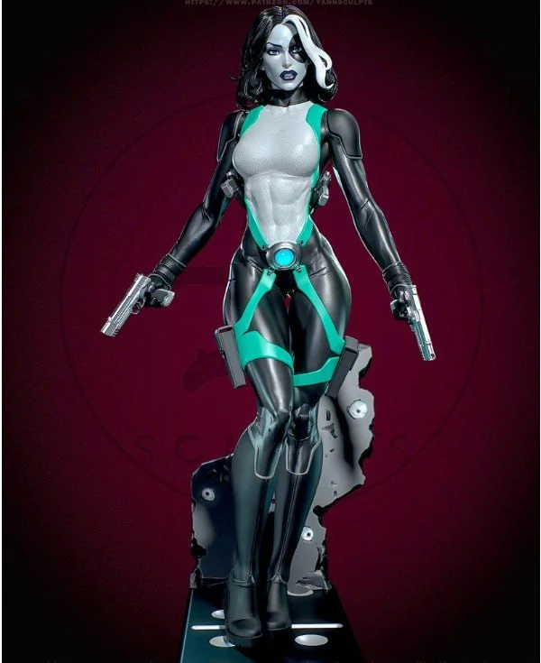 Marvel Domino statue with black-and-white hair, teal-accented suit, twin pistols, and display base