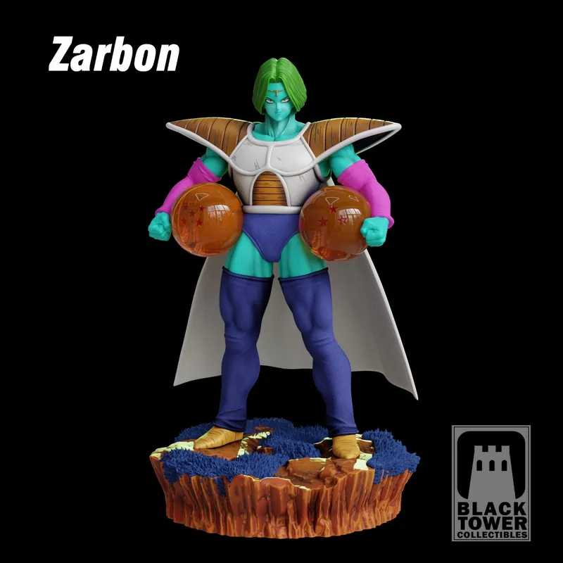 Zarbon Dragon Ball character statue with armor, cape, two orange Dragon Balls, and rocky base