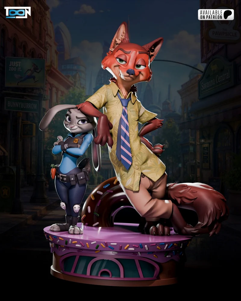 Nick Wilde and Judy Hopps from Zootopia standing together on a decorative display base