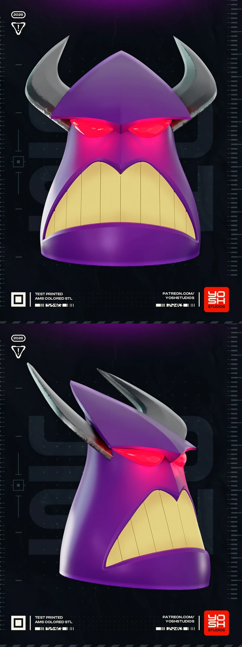 Zurg helmet 3D model with purple shell, curved horns, red eyes, and gold teeth