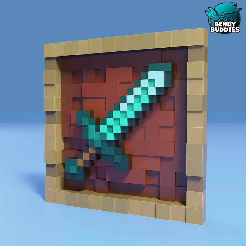 Framed Minecraft diamond sword relief with a turquoise pixel-art blade
