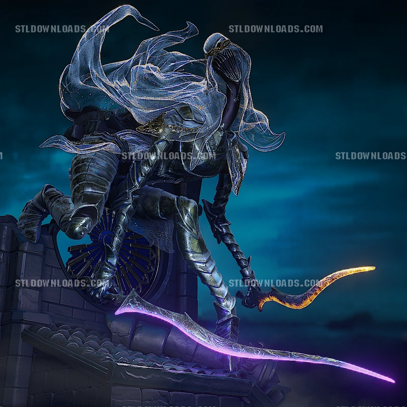 Armored fantasy dancer character crouching with a flowing veil and curved weapons