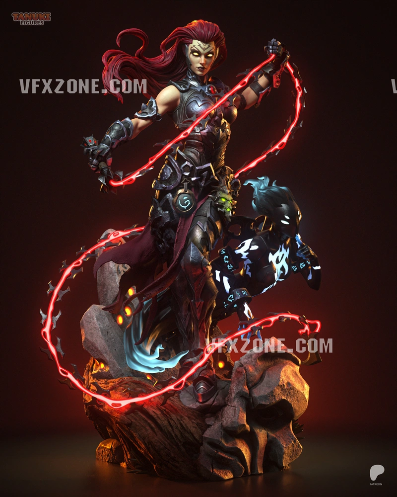 Fury from Darksiders III in dark armor with a glowing red whip and spectral companion