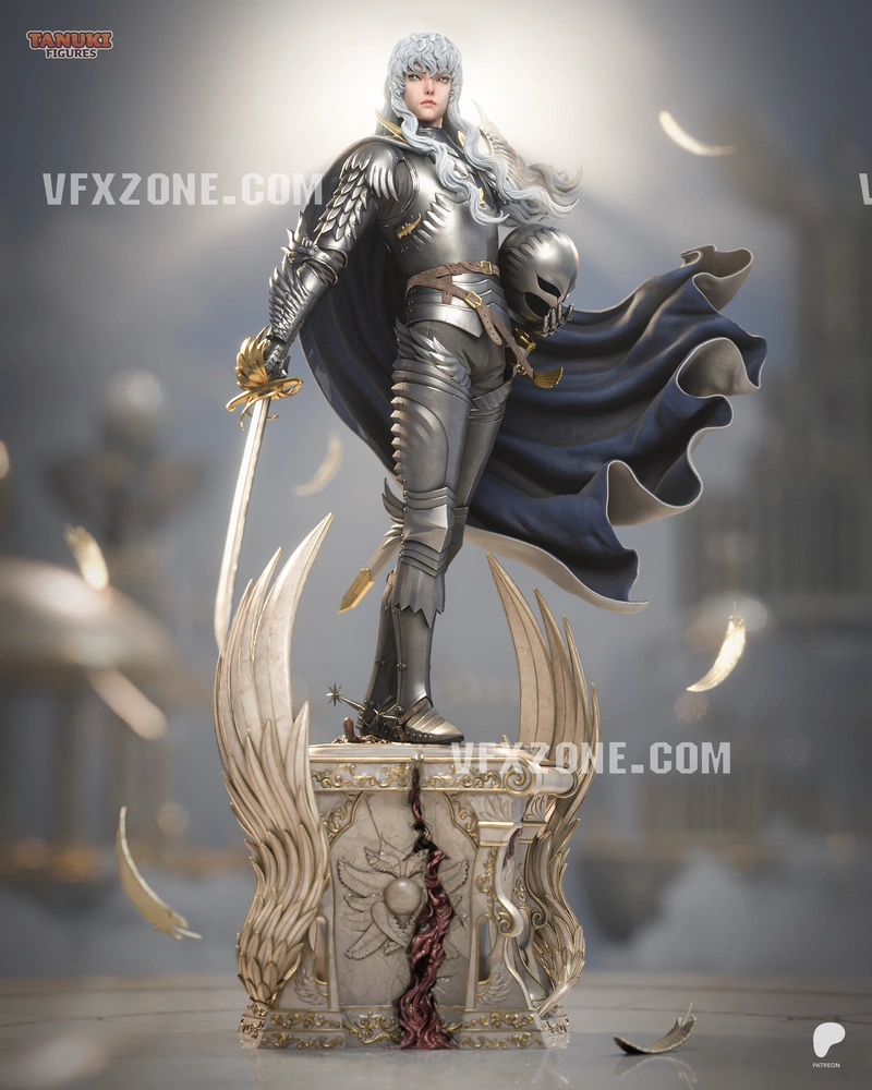 Griffith from Berserk in ornate armor with sword, cape, and winged pedestal