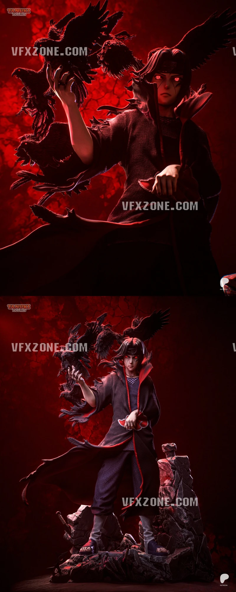 Itachi Uchiha figure with crows, Sharingan eyes, and Akatsuki cloak