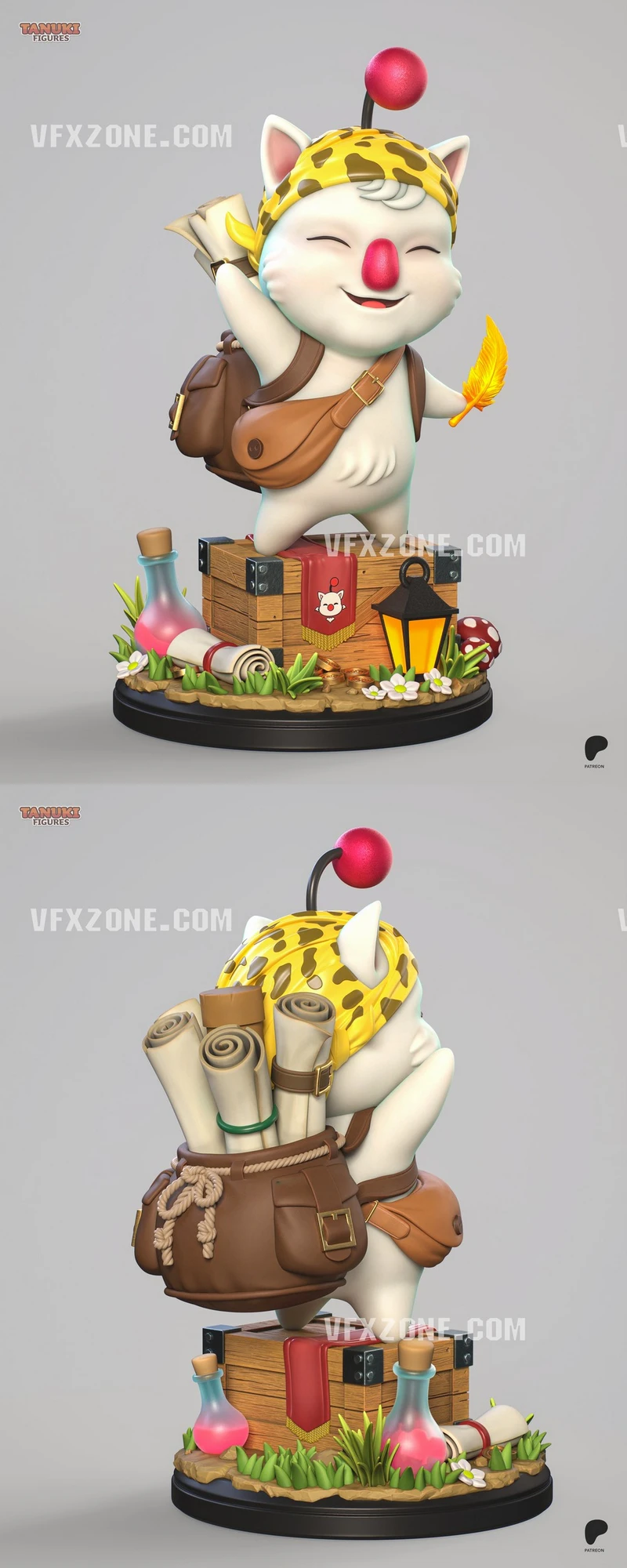 Final Fantasy Moogle adventurer figure with satchel, scrolls, and display base
