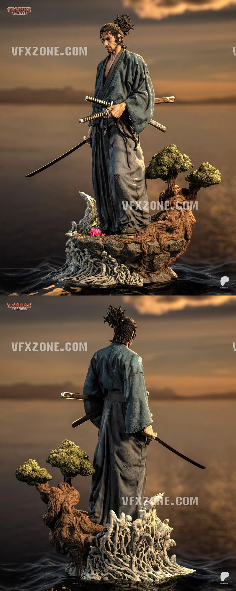 Musashi Fate samurai figure with swords on a tree-root scenic base