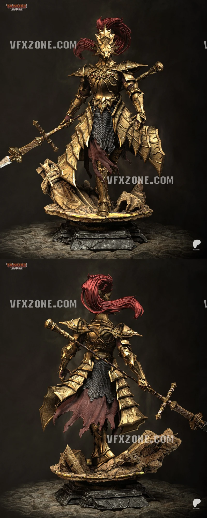 Ornstein in ornate gold armor with a greatsword on a rocky statue base