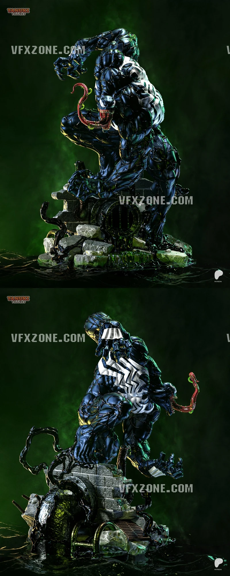 Marvel Venom crouching symbiote statue with white spider emblem and long tongue on a rubble base