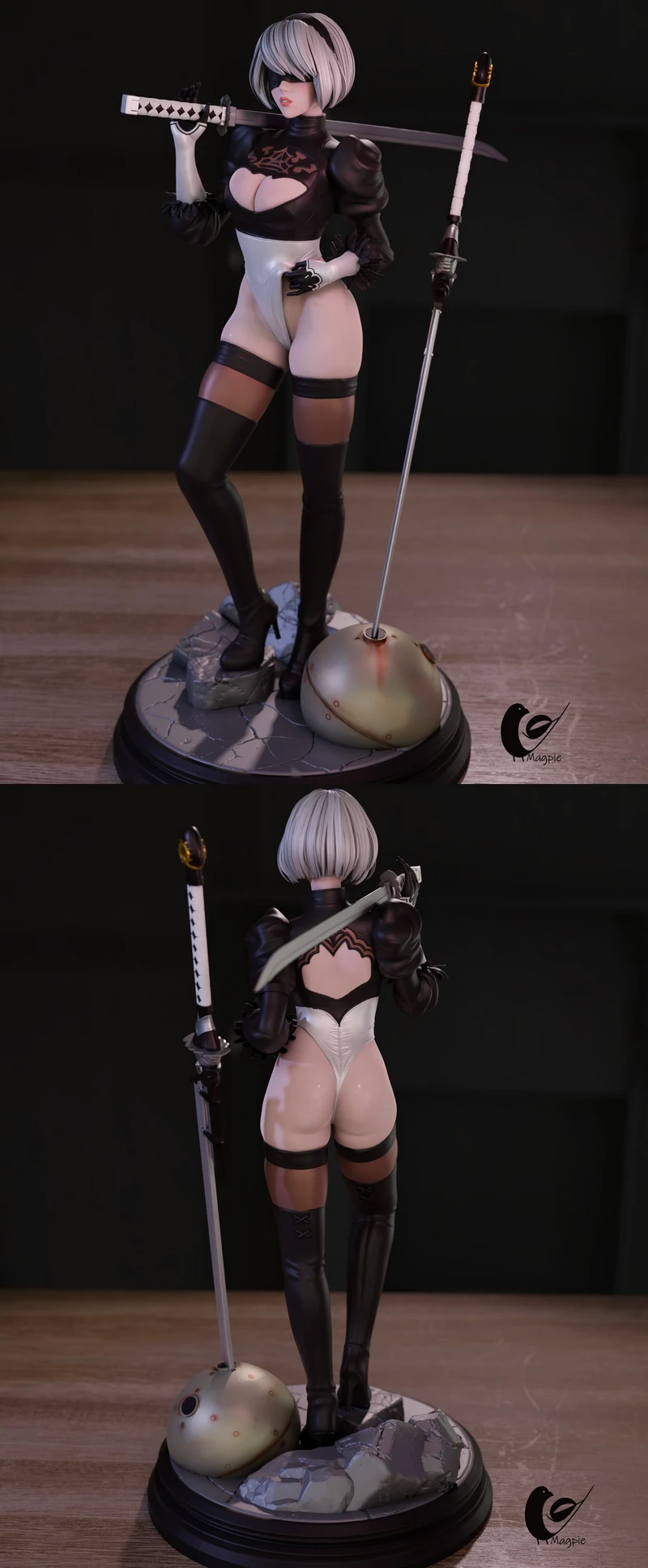 2B NieR: Automata figure with white bob haircut, visor, swords, and a round display base