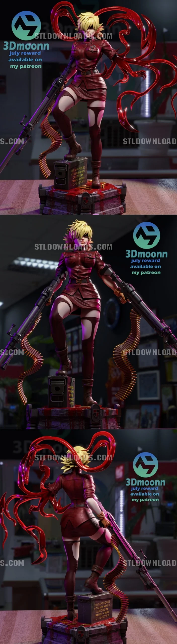 Seras Victoria Hellsing figure with twin guns, ammunition belts, red tendrils, and display base
