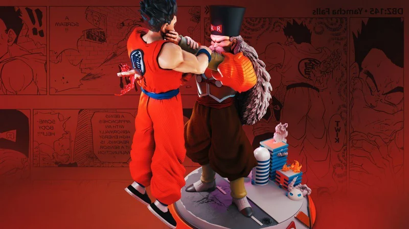 Dragon Ball diorama of Dr. Gero grappling an orange-clad martial artist