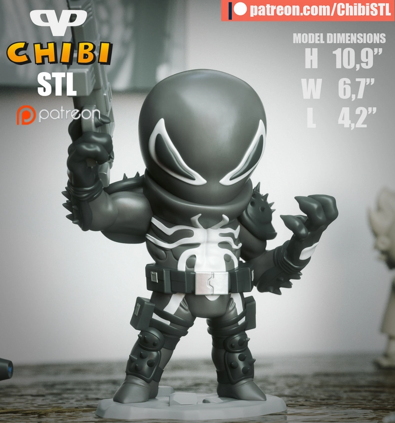 Chibi Agent Venom Marvel figure with white eye markings, spiked armor, weapon, and display base