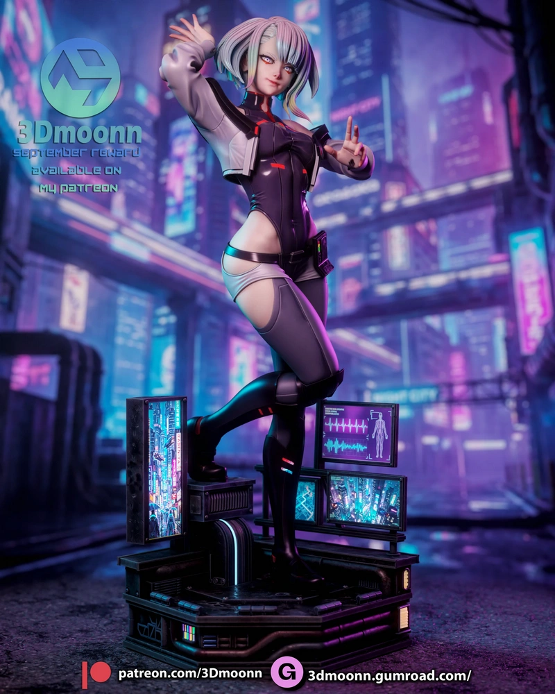 Lucy from Cyberpunk: Edgerunners standing on a neon-tech display base