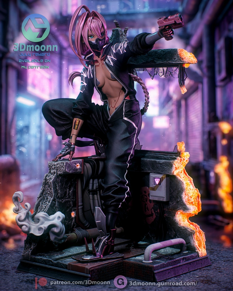 Talia Yang with a pistol on a cyberpunk diorama base