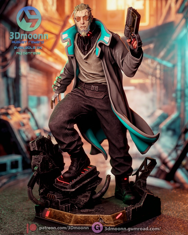 Weak Kingsley cyberpunk character statue holding a pistol on a futuristic display base